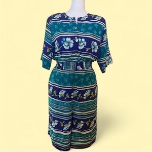 Vintage Teal & Blue Floral Two-Piece Shorts Set XL | Coastal 90s